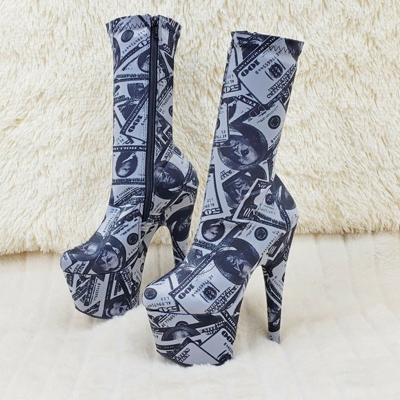 Dollar Money Print 7" High Heel Stretch Sock Platform Ankle Boots Adore 1002 - Picture 12 of 12